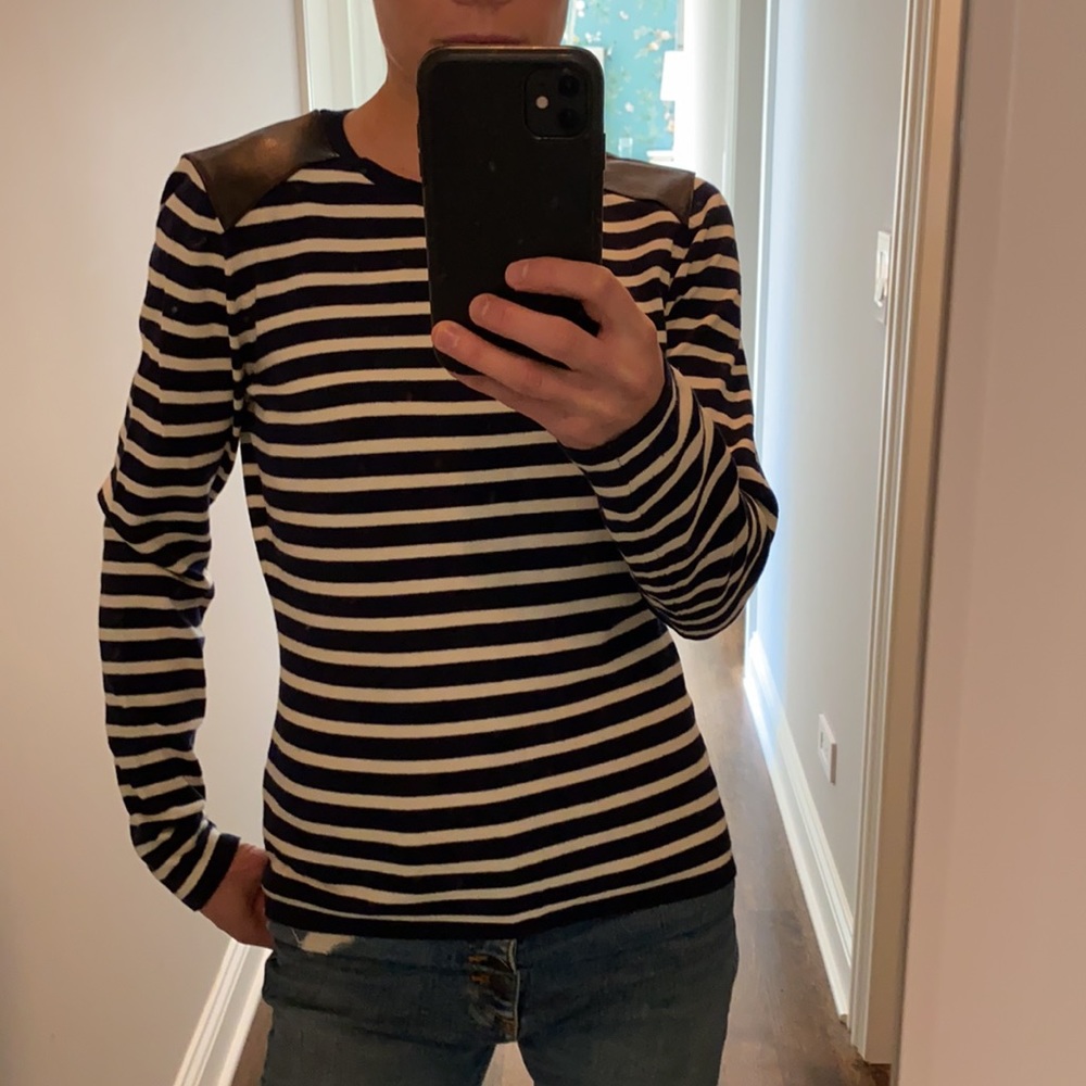 J McLaughlin Leeward Striped Sweater Leather Navy